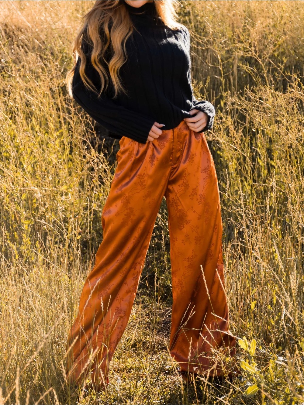 New Pumpkin Spice Orange Floral Jacquard Satin Wide-Leg Satin Pants medium